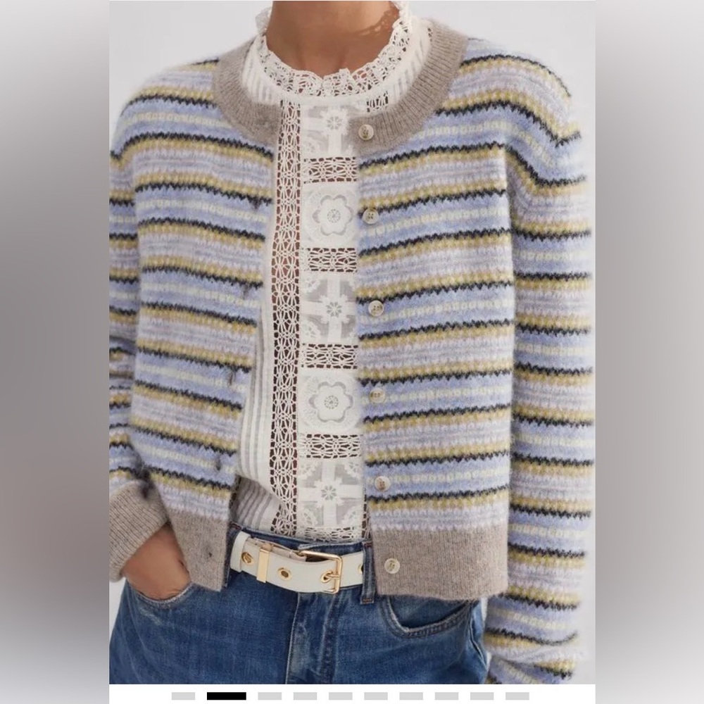 ME+EM Fair Isle Jacquard Crop Cardigan Alpaca Blend Gray Melange Multi size XL